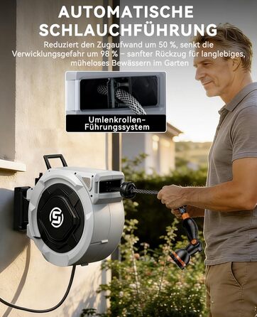 Шланговий барабан SUNPOW настінний 30м, 16 мм - автоматичний згортач з фіксацією, поворотна стіна, 10 функцій для саду, тераси та двору