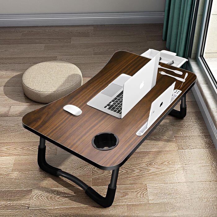 Зручний столик для ноутбука на ліжко/диван, з USB, ящиком та підставкою для планшету (60 x 40 см, коричневий)