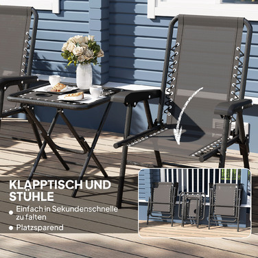 Набір для кафе на 3 місця зі сталі, стійкий до погодних умов. Комплект садових меблів з розкладним столиком для кафе, тримачами для стаканів та стільцями. Чорний колір.