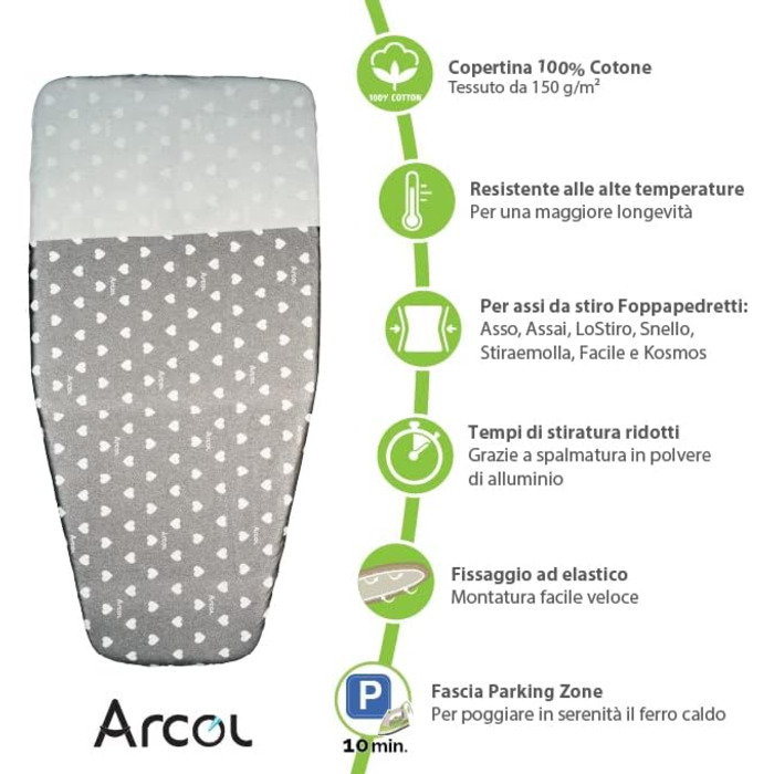 Змінний еластичний гумовий чохол ARCOL, сумісний із праскою, Foppapedretti, виготовлений в Італії, чохол для прасувальної дошки зі 100 бавовни (ковдра, бежевий) (Copertina, сірий пов'язка на голову зони паркування)