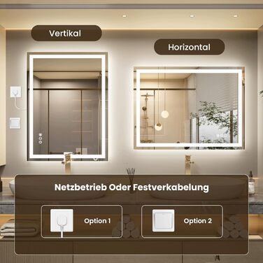 LED дзеркало для ванної кімнати 60x80 см з підсвічуванням, сенсорне керування, регулювання яскравості, 3 кольори світла, антизапар, IP44, вертикальна/горизонтальна орієнтація