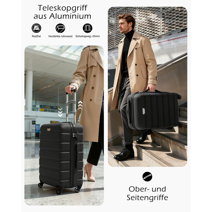 Набір валіз COOLIFE 2 шт. для подорожей на двох, PC+ABS, жорсткий корпус, легкі та міцні, обертові колеса 360°, блискавка YKK, TSA замок, чорний, L + XL