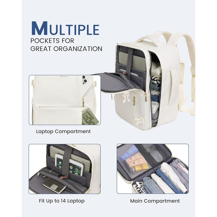 Рюкзак LOVEVOOK для ручної поклажі 40x30x20, дорожній рюкзак для жінок та чоловіків, ручна поклажа, рюкзак для подорожей 24л для 14-дюймового ноутбука, рюкзак-валіза з USB для роботи, бізнес-подорожі (40 x 20 x 25 см (14 дюймів), Бежевий)