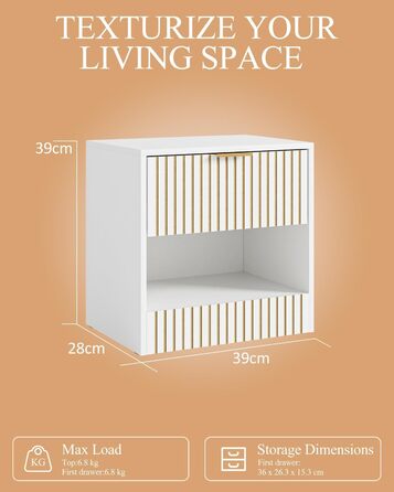 Нічний столик з ящиком, дерев'яний, білий. Сучасний приліжний столик для спальні, вітальні, офісу. 39x39x28 см