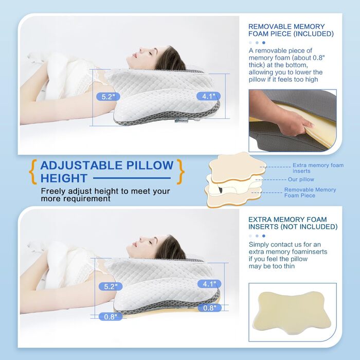 Ортопедична подушка для шиї з Memory Foam, регульована, ергономічна, для комфортного сну, без запаху, контурна, для сну на боці