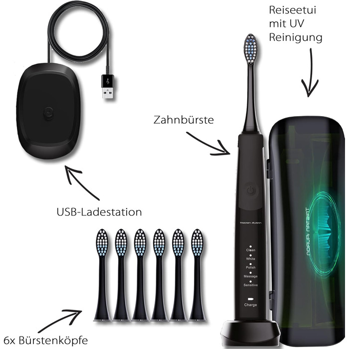 Електрична зубна щітка Tristan Auron SonicMaster, 55 000 вібрацій, 5 режимів, 60 днів акумулятора, UV-стерилізатор, 6 насадок, чорна