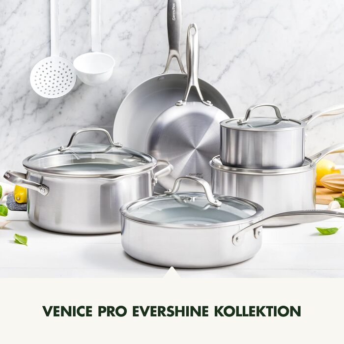 Набір сковорідок GreenPan Venice Tri-Ply 20см та 26см, нержавіюча сталь, антипригарне покриття без PFAS, для індукційних плит, сумісний з духовкою, можна мити в посудомийній машині, срібний колір