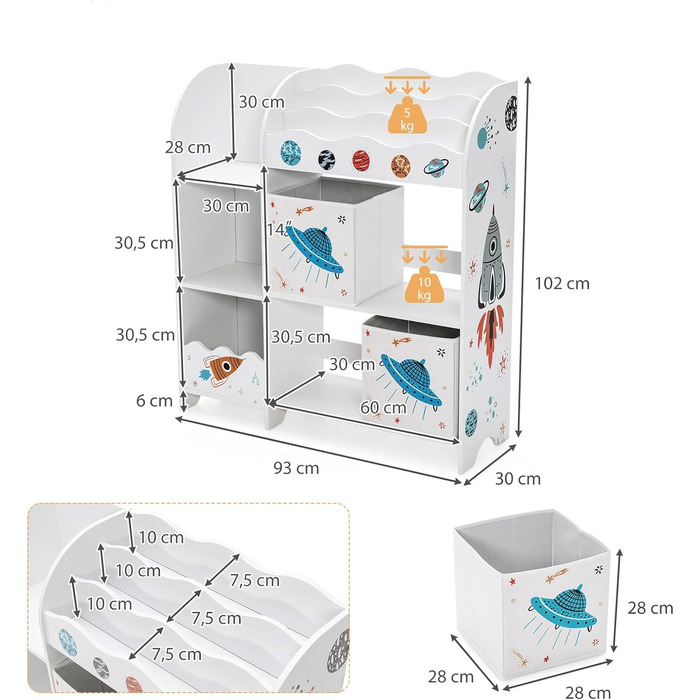 Дерев'яна полиця для дитячої кімнати, органайзер для іграшок з 5 відділеннями для зберігання та 2 знімними тканинними коробками, дитяча етажерка (візерунок НЛО)