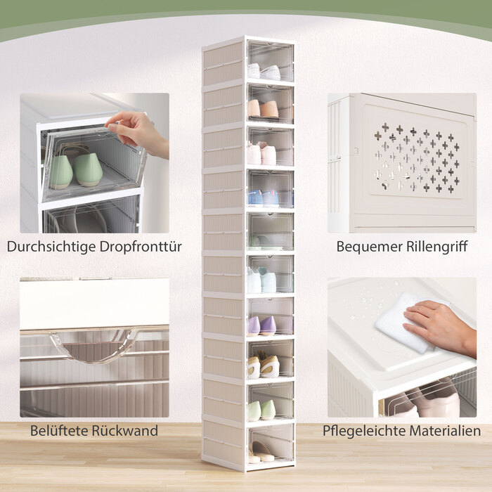 10-ярусна полиця для взуття, шафа для взуття, складана, з вентильованою задньою стінкою, пластик, біла