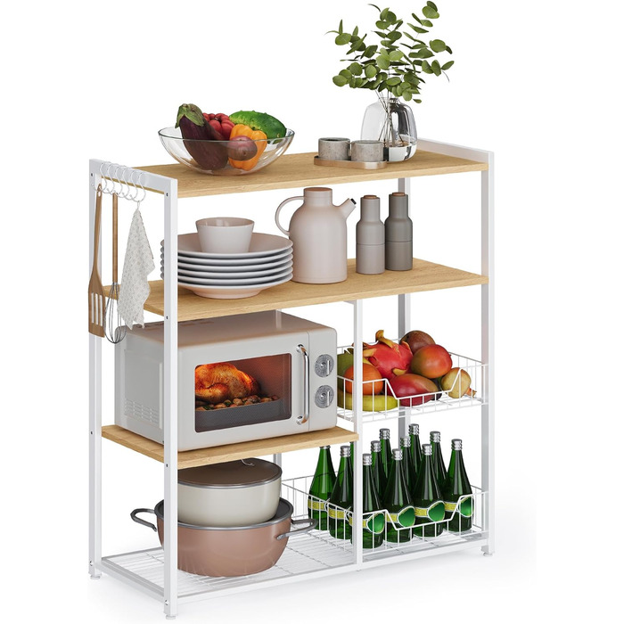 Стелаж кухонний VASAGLE з 2 металевими кошиками, рейли та полиці, для мікрохвильової печі, 35 x 80 x 93,5 см, золотий дуб + білий