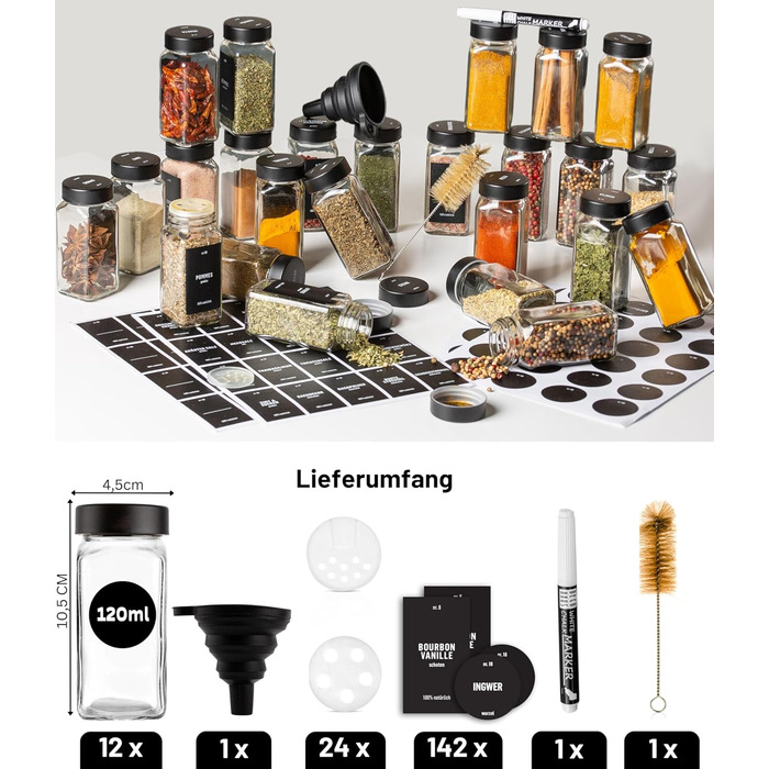 Набір скляних банок для спецій Deco haus® - 12 шт. з чорними кришками, з мірною ложкою та етикетками