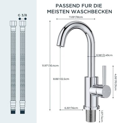 Змішувач для ванної кімнати FORIOUS Hoch 360° з нержавіючої сталі, з підйомним виливом, для кухні/ванної кімнати, з підключенням до гарячої/холодної води, монтаж простий, висота виливу 175 мм, полірована сталь