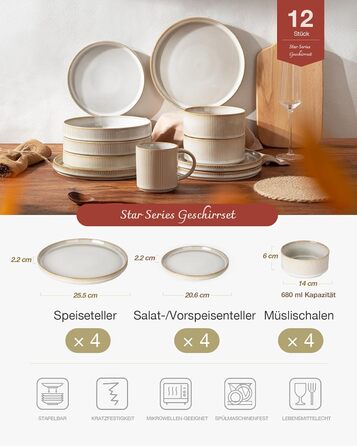 Набір тарілок Star 12 предметів для 4 осіб, керамічний посуд, стійкий до подряпин, для мікрохвильової печі та посудомийної машини, білий капучино
