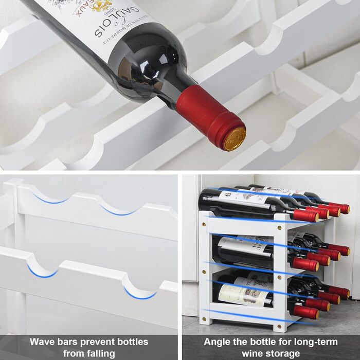 Стійка для вина VASMIA з бамбука, 3-ярусна, на 12 пляшок, для кухні/комори, білий колір