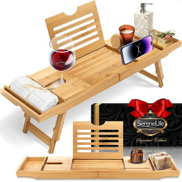 Підставка для ванни та ліжка SereneLife 2-в-1 – складане піднос для сніданку в ліжку та ванній з бамбука, водовідштовхувальний, регульований розмір – дерев'яна підставка для ванни, міцна спинка (складний, міцна спинка, подарунковий набір)
