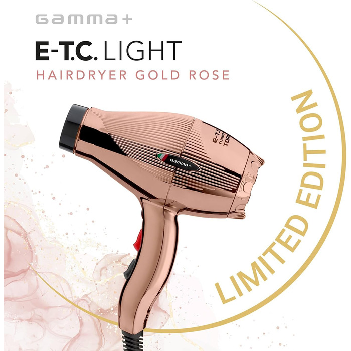 Професійний фен GAMMAPIU E-T.C. Light Premium Gold Rose, 3 температури, тихий, 3 температури, генератор іонних генів, 430 г, перукарня, турмалінова сітка, W 1800-2100