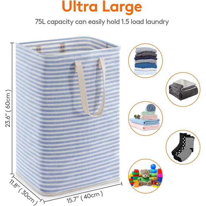 Вертикальний кошик для білизни Lifewit 72 л, розбірний водонепроникний великий кошик для білизни з подовженими ручками для одягу, рушників, іграшок, 3 упаковки (3 x 75 л, синій)