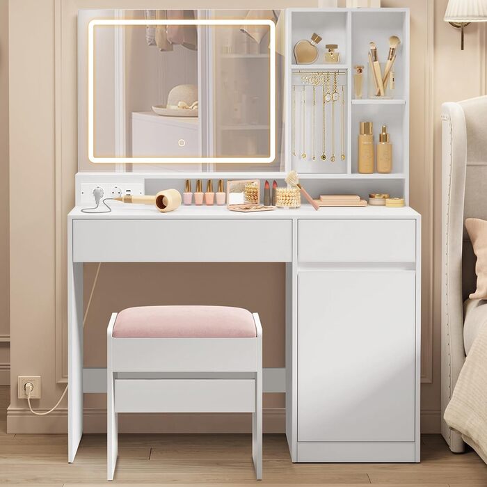 Дзеркальний туалетний столик VASAGLE з пуфом, 110 см, з підсвічуванням та розеткою, кольори: білий та пастельно-рожевий, RDT734W01