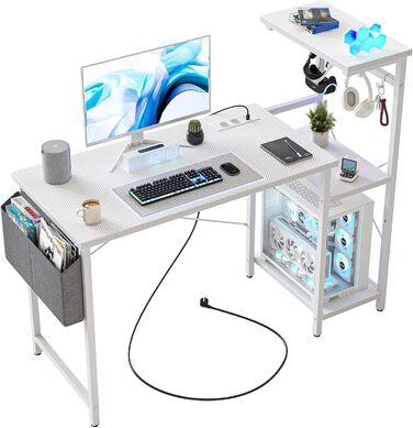 Ігровий стіл CubiCubi зі розетками (2 AC+USB-A+USB-C), 110 x 50 см. Компактний стіл для комп'ютера з регульованою полицею, 4 гачки та кишеня для кіберспортивного кімнати, домашнього офісу, карбонове волокно