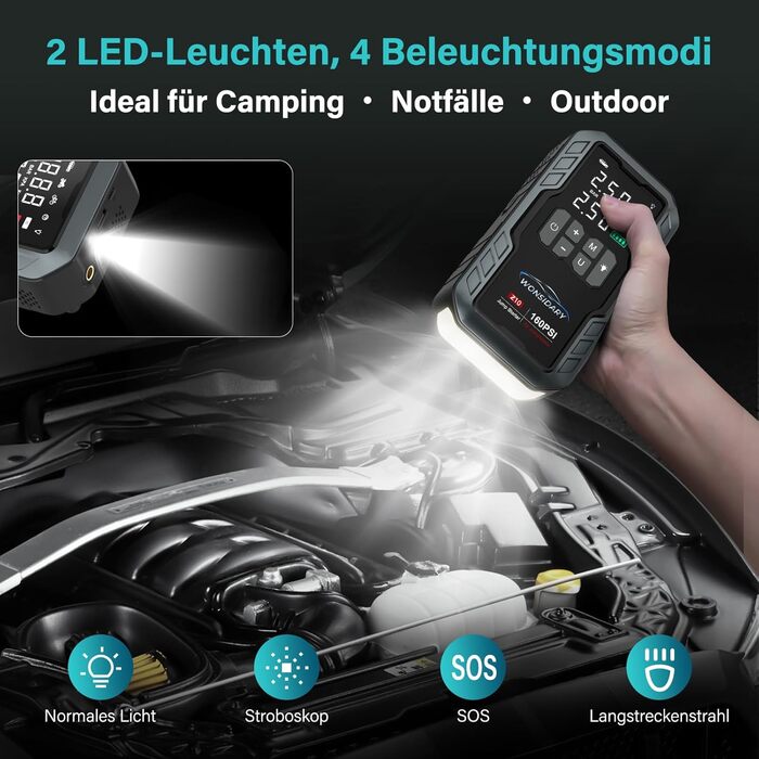 Powerbank Starthilfe 7000A для автомобіля: 27000 mAh, 160 PSI, компресор, LED-ліхтарик, для 12V бензинових та дизельних двигунів (до 8.0L)