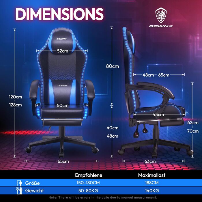 Ігровий крісло Dowinx з RGB підсвічуванням, LED, з підніжкою, для дорослих, ергономічний, з масажем попереку, PU шкіра, білий (блакитний)