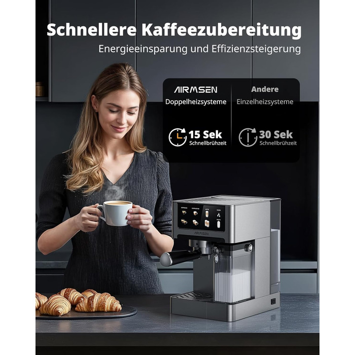 Еспресо-машина Siebträger з подвійним бойлером, 20 Bar, автоматичний спінювач молока, для капучино та лате, нержавіюча сталь, 1.8L бак, сенсорний екран