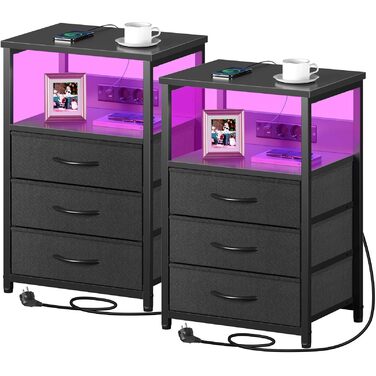 Журнальний столик Rolanstar з LED-підсвіткою та USB-портами, 2 шт. з 3 висувними ящиками, для вітальні та спальні, 40 x 30 x 60 см, чорний