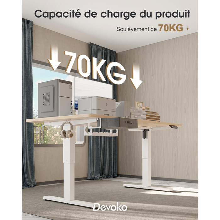 Регульований стіл Devoko 160x80 см з висувними ящиками, USB-порт, органайзер для кабелів, стіл для комп'ютера з 3-ма пам'ятними функціями, білий