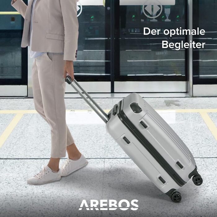 Набір валіз Arebos 3шт. з ABS-пластику | Чемодан на колесах з телескопічною ручкою | З замком-блискавкою, 360° колеса | Розміри M, L, XL | Срібний