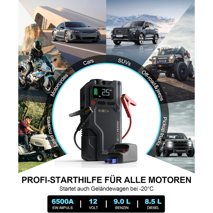 Powerbank з компресором Starthilfe 6500A: автостартер 12V для легкових автомобілів з повітряним насосом, бустер-акумулятор (для 9.0L бензину/8.5L дизеля) з пусковими кабелями, LED ліхтар 500 люмен (чорний), піковий струм 6500A