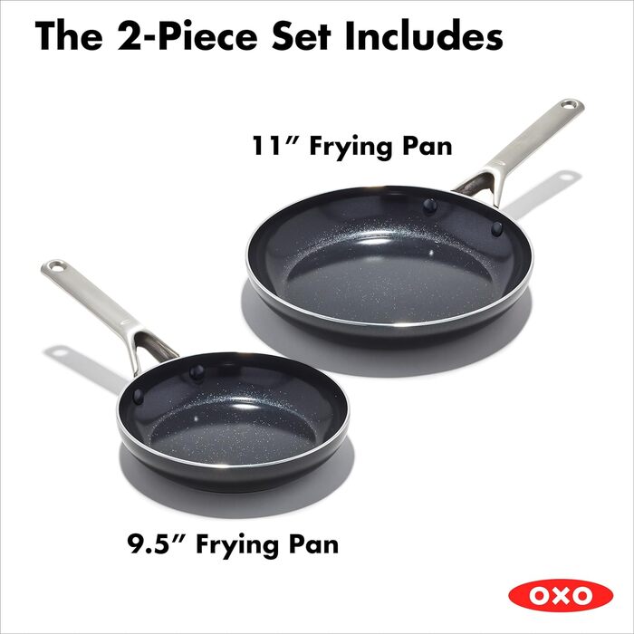 Набір сковорідок серії OXO Agility, 24,1 см і 27,9 см, без PFAS, антипригарний, легкий алюміній, індукційна основа, швидке рівномірне нагрівання, ручки з нержавіючої сталі, краї, що не б'ються, набір сковорідок 9,5 і 11 дюймів Чорний
