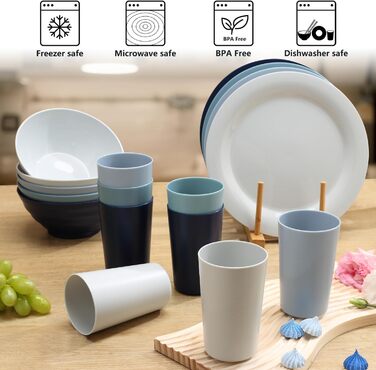 Набір пластикового посуду BEWOS 40 пакетів, що не б'ється, кемпінговий посуд на 8 персон, тарілки, чашки, миски та столові прибори, що не б'ються, пластикові столові прибори, які можна мити в посудомийній машині та мікрохвильовій печі 40 шт. у кольорах Mo