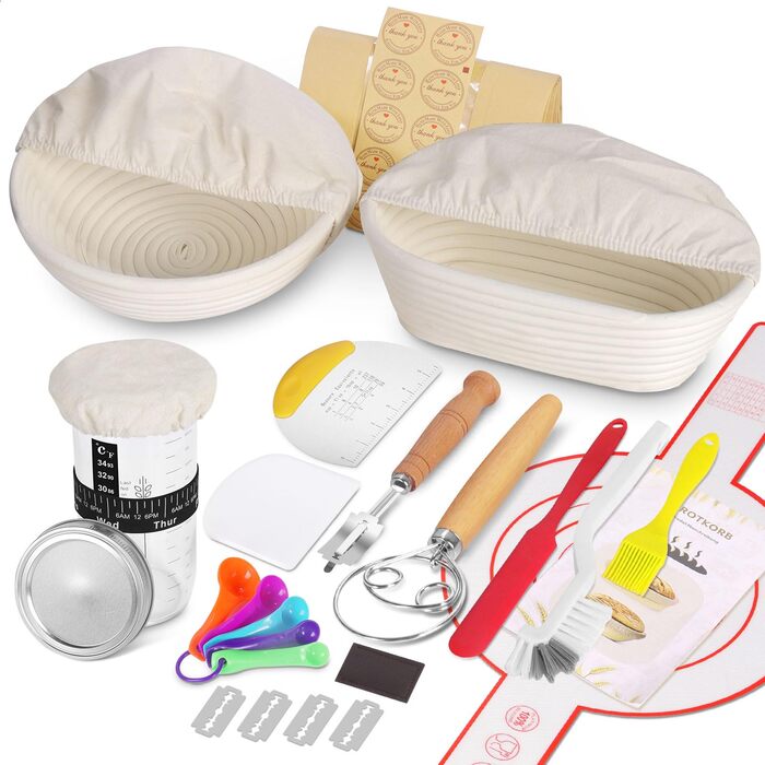 Набір для приготування закваски та випікання хліба SHANNA: корзинка для бродіння, скляна тара, скребок, мішалка, ніж (бамбук, спіральний дизайн)