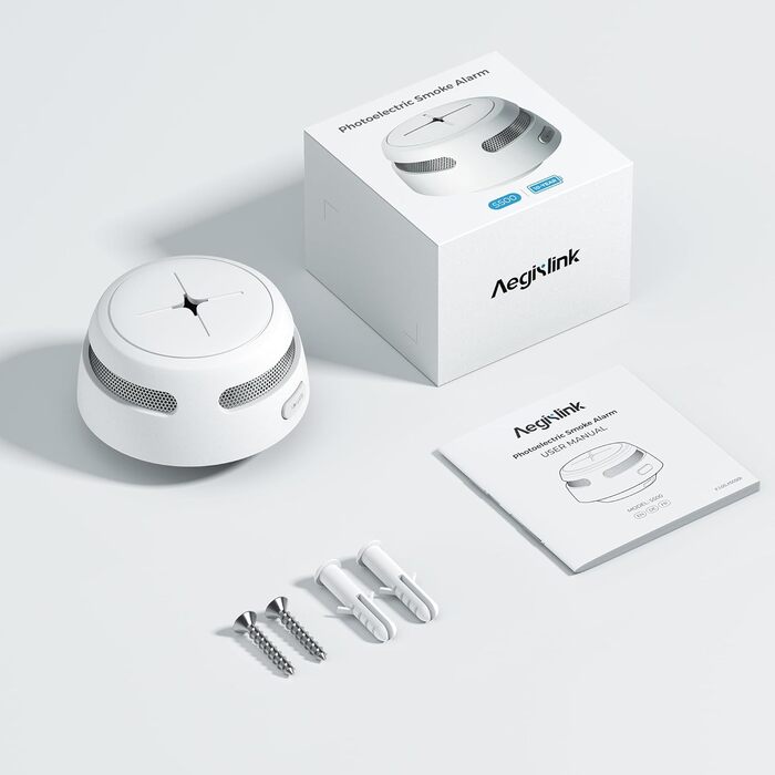 Датчик диму Rauchmelder AEGISLINK S500 з батареєю, 10 років роботи, фотоелектричний, з тестом та функцією вимкнення звуку, сповіщення про слабкий акумулятор (1 шт.)