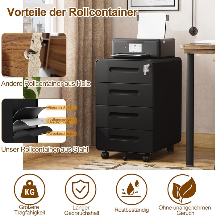 Роликовий контейнер HOMSTEEL з замком, 4 шухляди, металевий офісний шафка, чорний (46T x 40B x 64H cm)