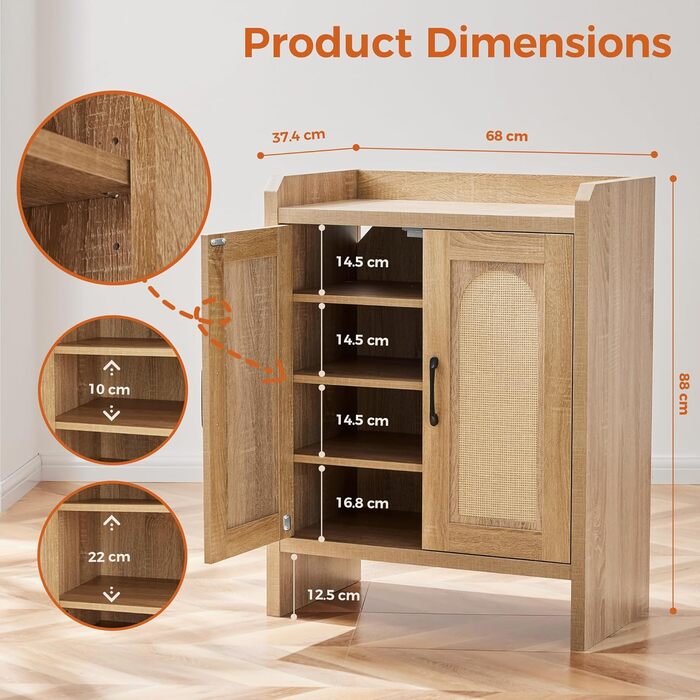 Шафа для взуття 5-ти ярусна у стилі Фармхаус з 2 дверцятами, самостійна шафа для взуття з регульованими полицями та металевими куточками для прихожого та коридору, білий (Ротен Браун, Коричневий)