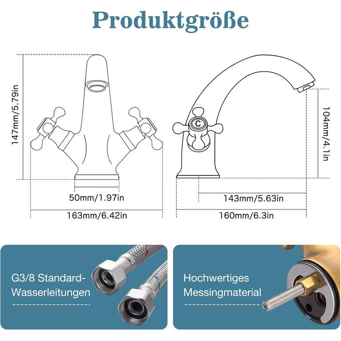 Змішувач для ванної кімнати з міді, ретро стиль, 2-вентильний, G3/8, для мийки, антична мідь