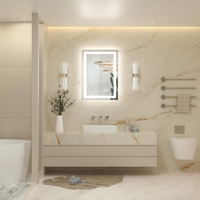 Дзеркало для ванної кімнати Keonjinn з підсвічуванням 50x70 см, без рами, LED, сенсорне управління, 3 кольори, диммування, пам'ять, протизапотівання