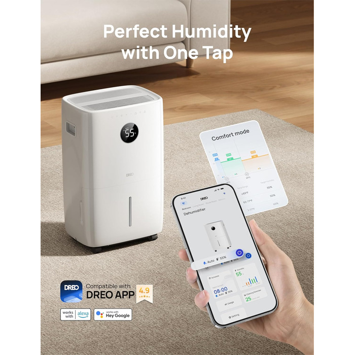 Dreo Розумний осушувач повітря /24h, для приміщень 37 м² – енергоефективний та тихий – керування через App & Alexa – 3 режими, таймер, регульована вологість, з відводом води, для спальні та ванної кімнати, білий (52L)