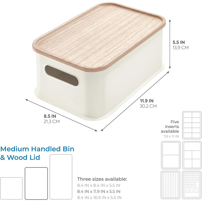 Коробка для зберігання iDesign, середня коробка для зберігання з ручками з переробленого пластику, що не містить бісфенолу А, контейнер-органайзер з кришкою з деревини павловнії, білий, поліпропілен, 13,6x21,6x30,5 см, 08611