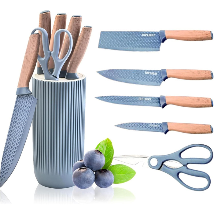 Набір кухонних ножів, 6 предметів, чорний, гострий, з антипригарним покриттям, нержавіюча сталь, з підставкою (блакитна)