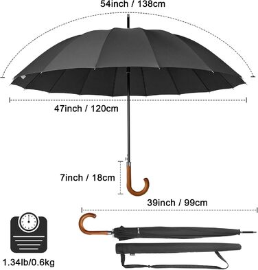 Дюймова велика парасолька штормонепроникна автоматична для 2 осіб Дерев'яна ручка водовідштовхувальний чорний, 4Free 54-