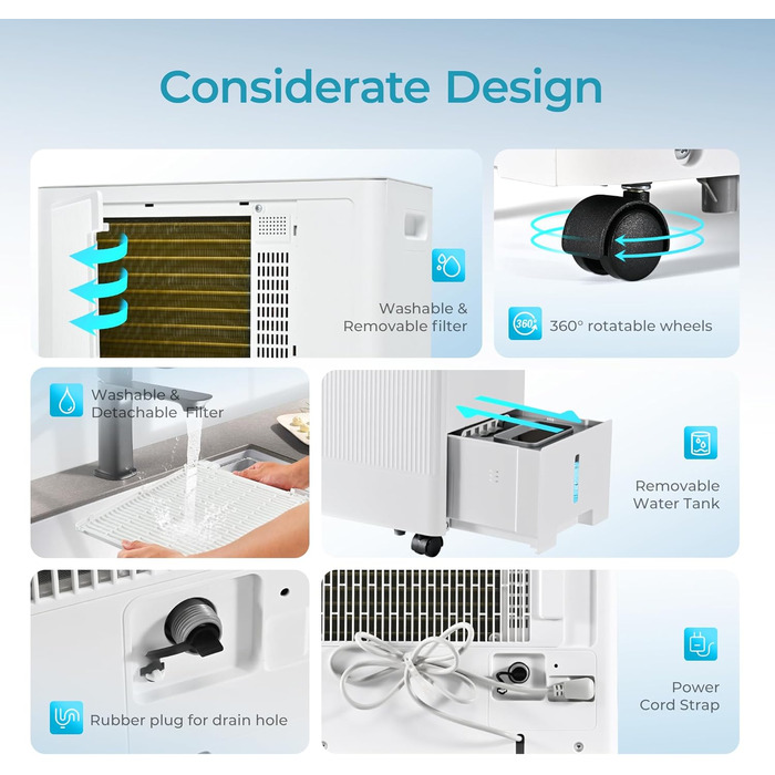 EUHOMY Електричний осушувач повітря 12L - для спальні/ванної/підвалу, тихий та економічний, 3 режими, автоматичне відтавання, шланг, фільтр, таймер, 12л/день, для 122м³/25м²