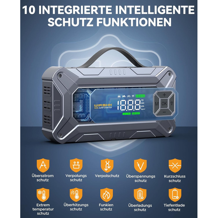 Портативний пусковий пристрій 8000A з повітряним компресором 160 PSI для бензинових та дизельних двигунів (до 10л), з дисплеєм та аварійною світлодіодною лампою