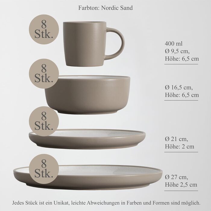 Набір посуду Hausfelder для 8 осіб (32 елементи) – сервіз з тарілок, мисок та чашок, кераміка, бежевий (Nordic Sand), стійкий до миття в посудомийній машині