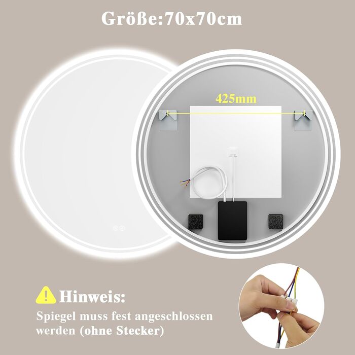 Дзеркало для ванної кімнати з підсвічуванням LED, кругле 50см, сенсорне керування, регулювання яскравості, функція пам'яті, дзеркало з HD склом, захист від вибуху, антизапотівальне покриття, 3 кольори світла, 70x70 см