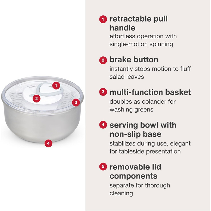Салатниця Zyliss Easy Spin 2 з відцентровою технологією Aquavent, 6л, нержавіюча сталь, біла