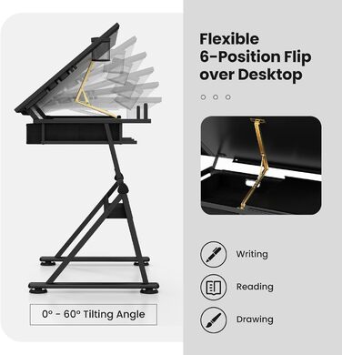 Регульований стіл FANTASK для архітекторів та художників з нахиленою стільницею, 2 ящиками та табуретом (Чорний)