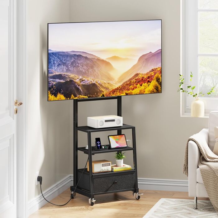 Підставка для телевізора на колесах з ящиком, чорна, 140 см. Підходить для телевізорів 32-75 дюймів