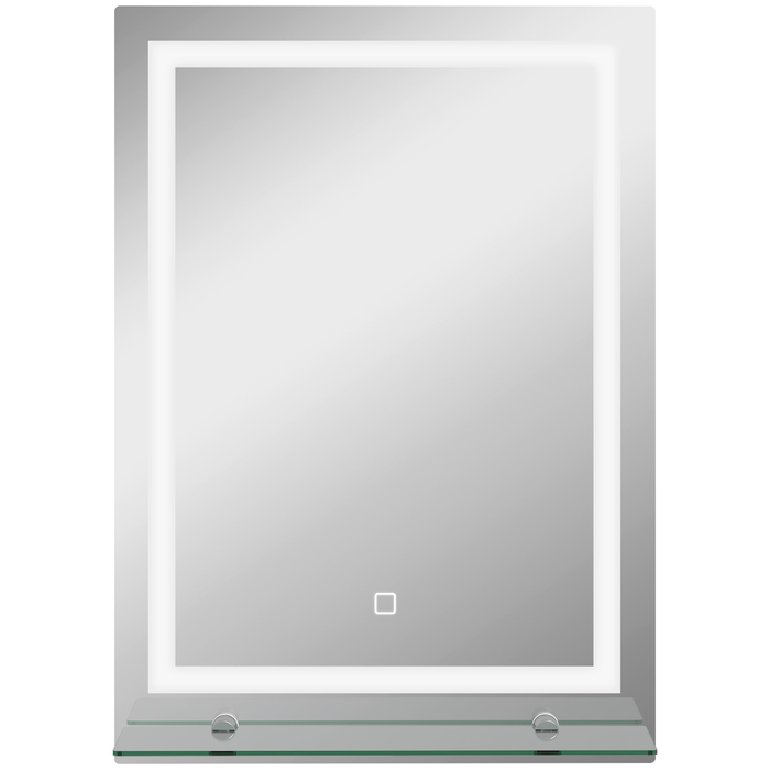 Дзеркало для ванної кімнати зі світлодіодним підсвічуванням, регульованою яскравістю, проти запотівання, сенсорним вимикачем, полицею, розміром 50 x 70 см, срібного кольору.